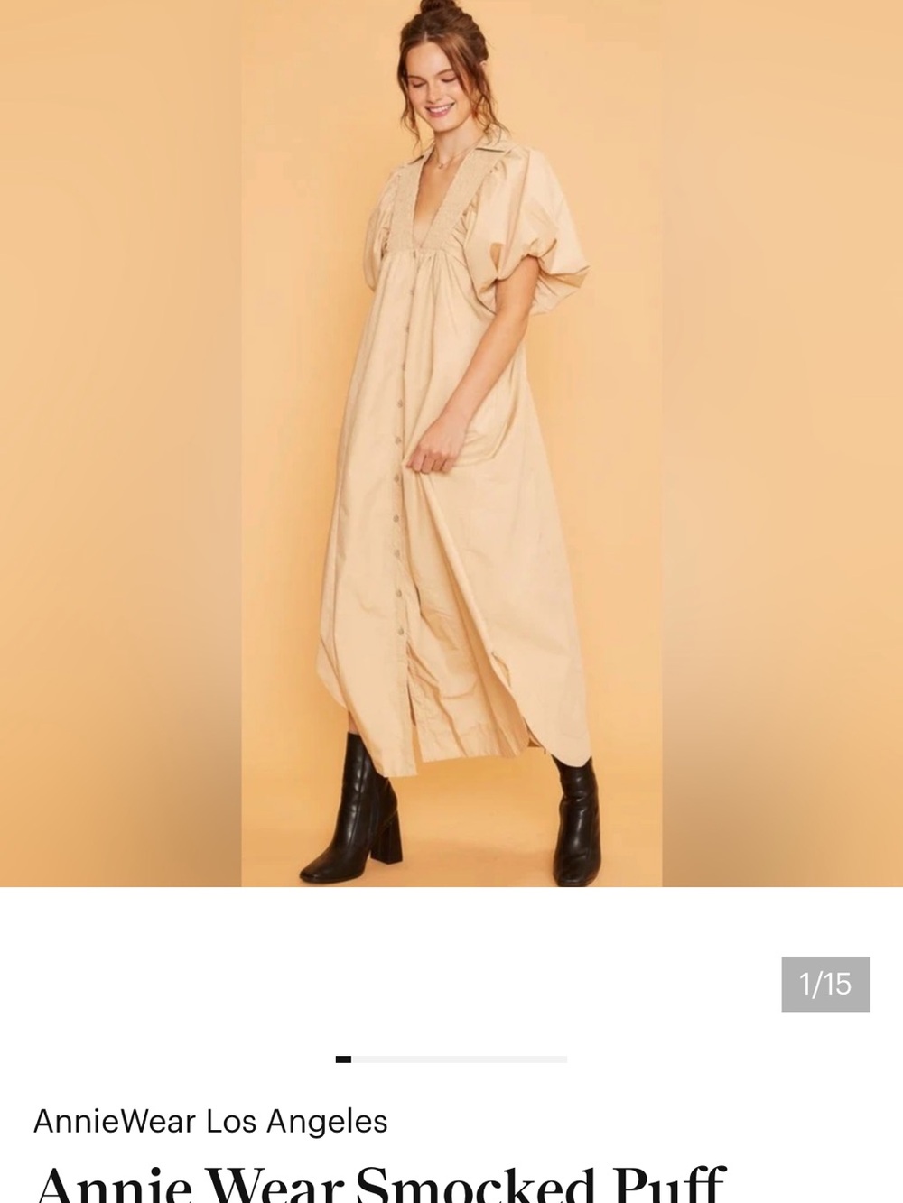 AnnieWear Smocked Puff-Sleeve Cream Maxi Dress